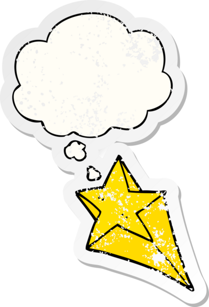 Düşünce baloncuğu olan çizgi film yıldızı bir insan tarafından çizilmiş yıpranmış bir çıkartma.