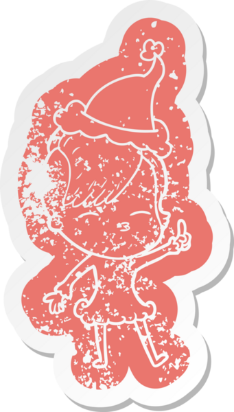 Bir insan tarafından çizilmiş noel baba şapkası giyen şaşı bir kızın garip karikatürü.