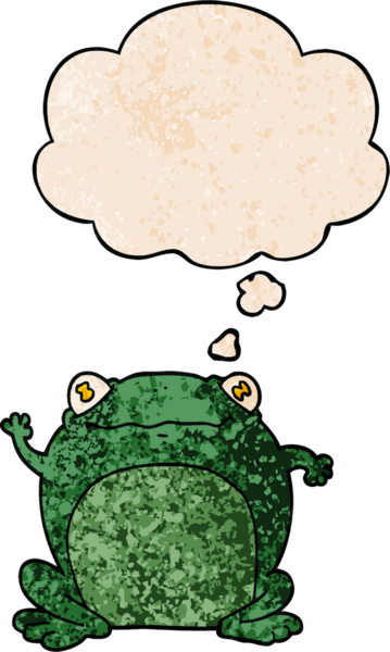 Bir insan tarafından çizilmiş grunge desenli düşünce baloncuğu olan çizgi film kurbağası.