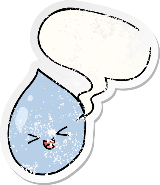 Konuşma baloncuklu karikatür yağmur damlası bir insan tarafından çizilmiş sıkıntılı eski bir çıkartma