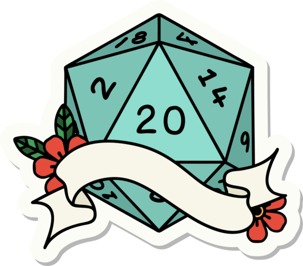 Bir insan tarafından çizilmiş 20 D20 zarının çıkartması.