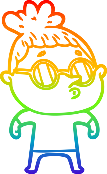 Gökkuşağı gradyan çizgi çizimi bir insan tarafından çizilmiş gözlük takan bir kadın.