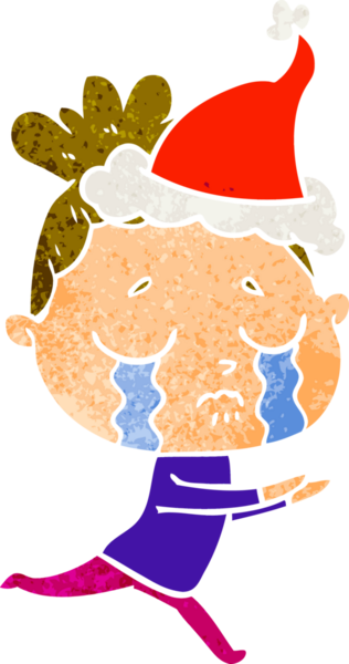Bir insan tarafından çizilmiş Noel Baba şapkası takan ağlayan bir kadının el çizimi karikatürü.