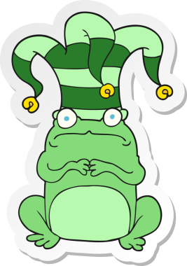 Bir insan tarafından çizilmiş soytarı şapkası takan sinirli bir kurbağanın çıkartması.