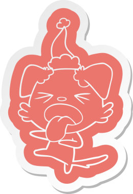 Bir insan tarafından çizilmiş Noel Baba şapkası giyen tiksinmiş bir köpeğin garip çizgi film etiketi.