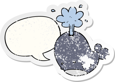 Bir insan tarafından çizilmiş, kederli, yaşlı bir çıkartma ile balina konuşma kabarcığı püskürten çizgi film.