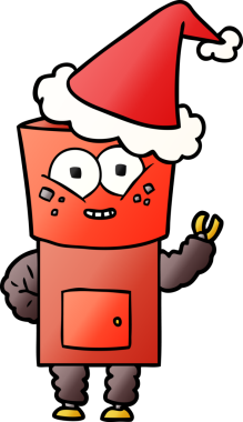 Bir insanın çizdiği Noel Baba şapkasıyla el sallayan bir robotun gradyan çizimi.