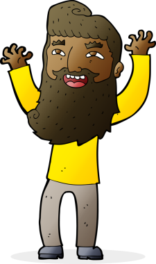 Çizgi film mutlu sakallı adam bir insan tarafından çekilen kolları sallıyor.