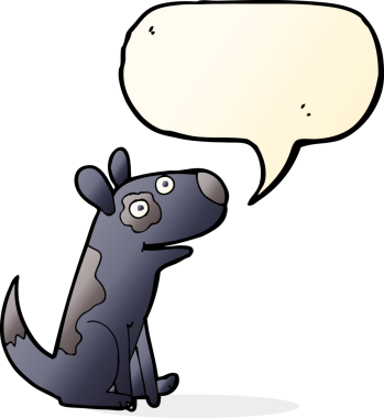 bir insan tarafından çizilmiş konuşma balonlu mutlu bir köpek.