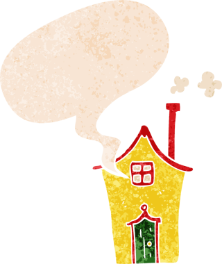 Bir insan tarafından çizilmiş, grunge dertli retro tarzı konuşma baloncuklu karikatür evi.