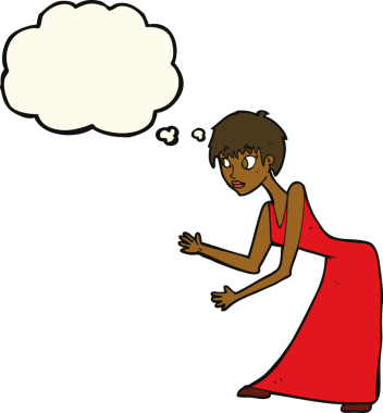 Bir insan tarafından çizilmiş düşünce balonuyla jest yapan bir karikatür kadın.