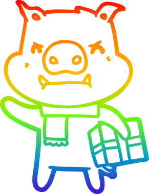 Gökkuşağı gradyan çizgisi kızgın çizgi film domuzu ve bir insan tarafından çizilmiş Noel hediyesi.