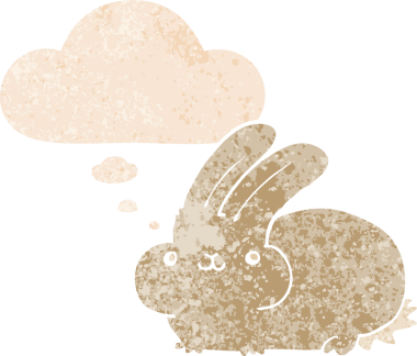 Düşünce baloncuklu çizgi film tavşanı grunge dertli eski moda bir insan tarafından çizilmiş.