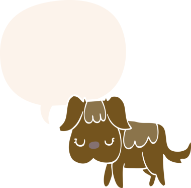 Konuşma baloncuğu olan bir insan tarafından çizilmiş bir çizgi film köpeği.