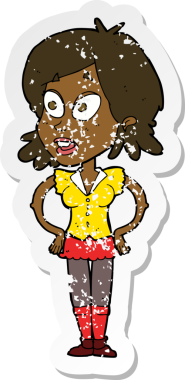 Bir insan tarafından çizilmiş kalçasında elleri olan bir karikatür kadının gerilmiş çıkartması.