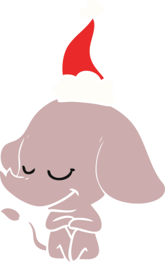 Bir insan tarafından çizilmiş Noel Baba şapkası takan gülümseyen bir filin düz renkli çizimi.