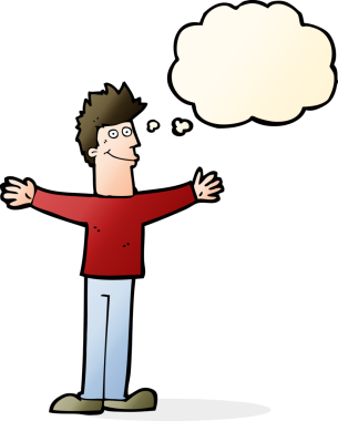 Bir insan tarafından çizilmiş düşünce balonlu mutlu adam çizgi filmi.