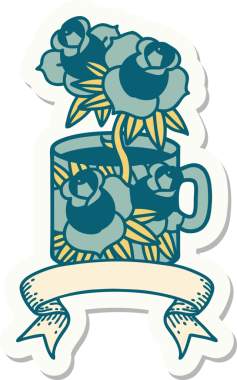 Bir fincanın pankartıyla dövme stili çıkartması ve bir insanın çizdiği çiçekler