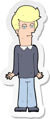 Çizgi film çıkartması. Sıkılmış adam omuz silkiyor. Bir insan tarafından çizilmiş.