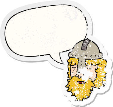 Konuşma baloncuklu çizgi film viking yüzü bir insan tarafından çizilmiş sıkıntılı eski bir çıkartma