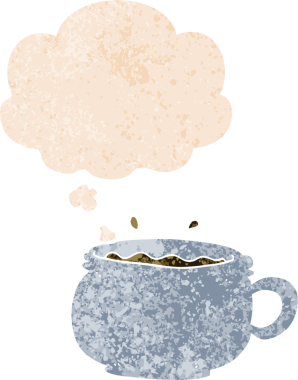 Düşünce baloncuklu karikatür sıcak kahve grunge sıkıntılı retro dokuma tarzı bir insan tarafından çizilmiş