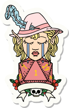 Ağlayan bir elf şair karakterinin çıkartması. Bir insan tarafından çizilmiş doğal bir D20 rulosu.