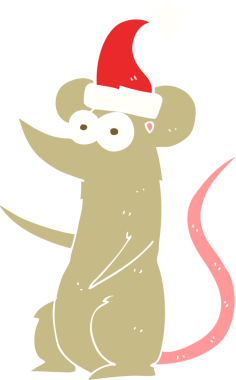 Bir insan tarafından çizilmiş Noel şapkası takan bir farenin düz renk çizimi