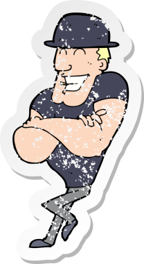 Bir insan tarafından çizilmiş melon şapka giyen bir çizgi film karakterinin gerilimli çıkartması.