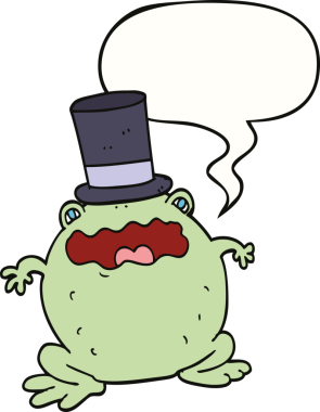 Bir insan tarafından çizilmiş konuşma baloncuklu silindir şapkalı çizgi film karakurbağası.