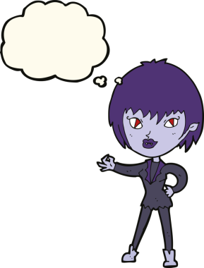 Bir insan tarafından çizilmiş düşünce balonlu vampir kız.