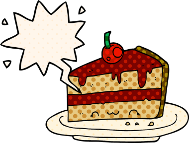 Bir insan tarafından çizilmiş, çizgi roman şeklinde konuşma baloncuklu bir pasta.