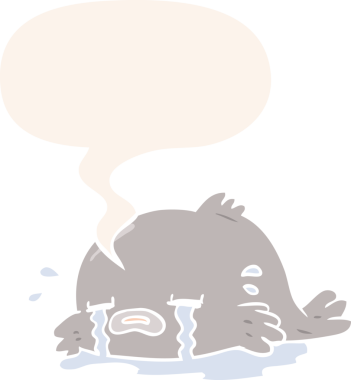 Bir insan tarafından çizilmiş, konuşma baloncuklu ağlayan balık çizgi filmi.