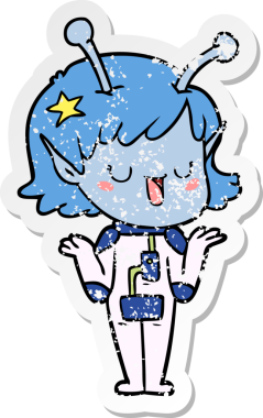 Bir insan tarafından çizilmiş mutlu uzaylı kız çizgi filminin sıkıntılı çıkartması.