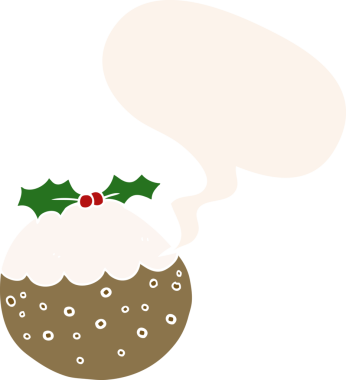 Karikatür noel pudingi konuşma baloncuğu ile retro tarzı bir insan tarafından çizilmiş.