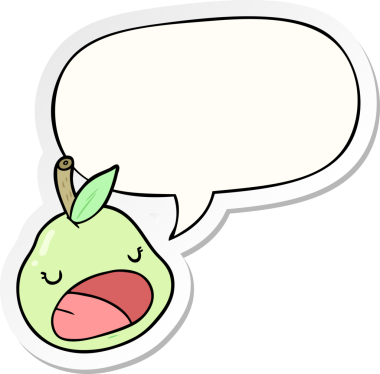 Bir insan tarafından çizilmiş konuşma kabarcığı çıkartmalı şirin bir armut.