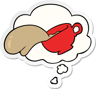 Düşünce baloncuklu çizgi film kahve fincanı insan tarafından çizilmiş bir çıkartma.