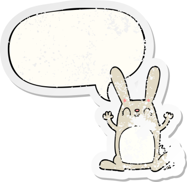 Konuşma baloncuğu olan çizgi film tavşanı bir insan tarafından çizilmiş sıkıntılı eski bir çıkartma