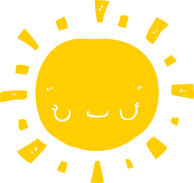 Bir insan tarafından çizilmiş düz renkli çizgi film güneşi