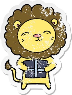 Bir insan tarafından çizilmiş Noel hediyeli karikatür aslanının sıkıntılı çıkartması.