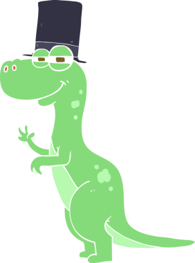 Bir insan tarafından çizilmiş silindir şapka giyen dinazorun düz renk çizimi