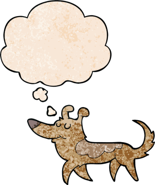 Bir insan tarafından çizilmiş grunge desenli düşünce baloncuğu olan çizgi film köpeği.