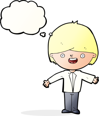 Bir insan tarafından çizilmiş düşünce baloncuğuyla kolları açık mutlu çocuk çizgi filmi.