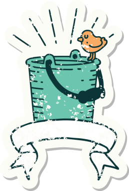 Bir insan tarafından çizilmiş su kovasına tünemiş dövme stili bir kuşun eski bir çıkartması.