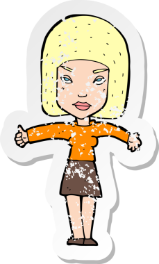 Bir insan tarafından çizilmiş baş parmak işareti veren karikatürlü bir kadının gerilimli retro çıkartması.