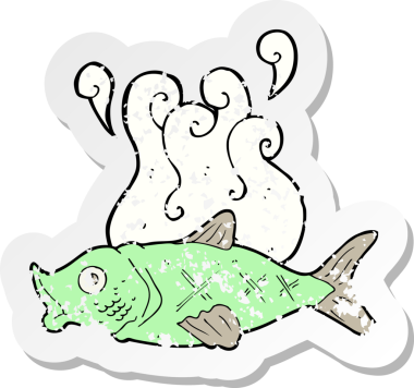 Bir insan tarafından çizilmiş, karikatür kokulu bir balığın gerilemiş etiketi.