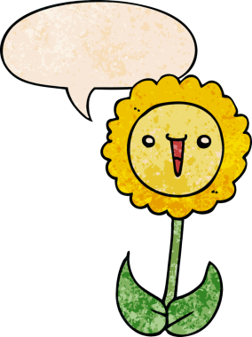 Konuşma baloncuğu olan karikatür çiçeği insan tarafından çizilmiş eski moda dokular.