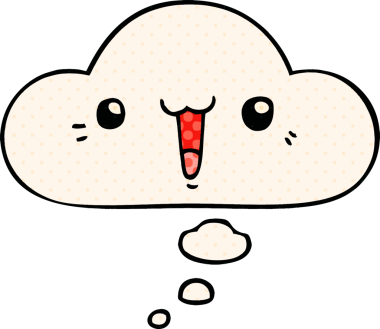 Bir insan tarafından çizilmiş, düşünce baloncuklu mutlu çizgi film yüzü.