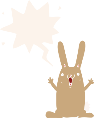 Konuşma baloncuklu çizgi film tavşanı insan tarafından çizilmiş.