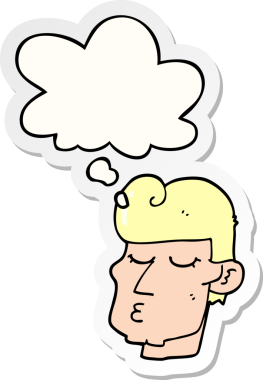 Düşünce baloncuğu insan tarafından çizilmiş bir çıkartma olan yakışıklı bir adam.