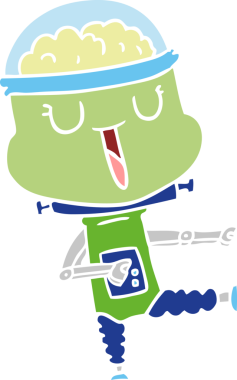 Bir insan tarafından çizilmiş mutlu düz renkli çizgi film robotu